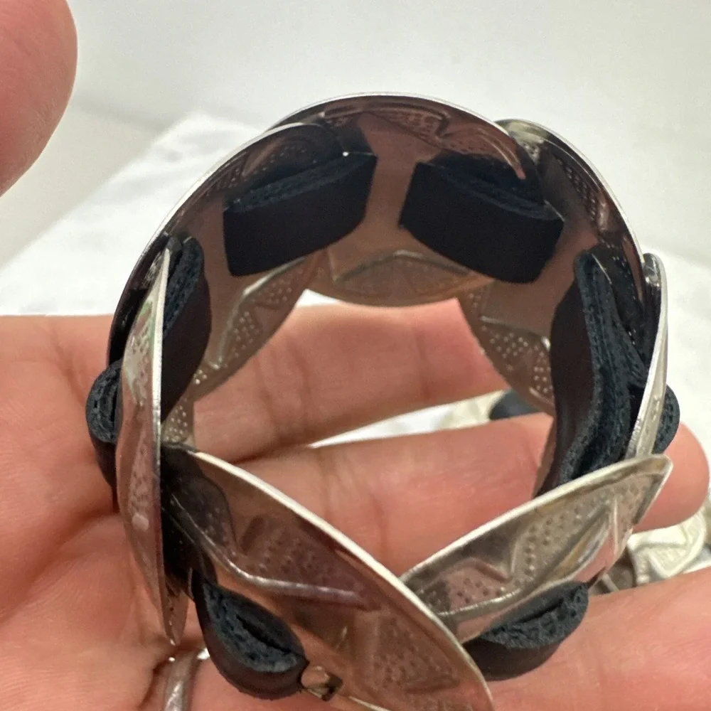 Western Leather Belt & Buckle Napkin Rings Black Silver Tone Set of 4